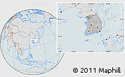 Gray Location Map of South Korea, lighten, hill shading