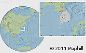 Gray Location Map of South Korea, savanna style outside, hill shading outside