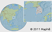 Gray Location Map of South Korea, savanna style outside, hill shading