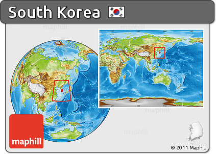 Physical Location Map of South Korea, within the entire continent