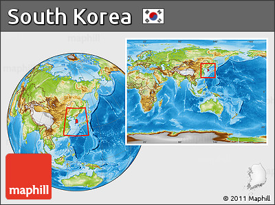 Physical Location Map of South Korea, within the entire continent