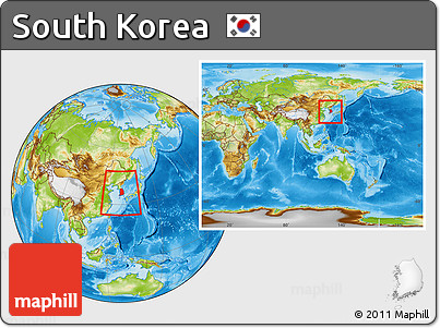 Physical Location Map of South Korea, within the entire continent