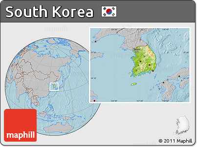 Physical Location Map of South Korea, gray outside, hill shading