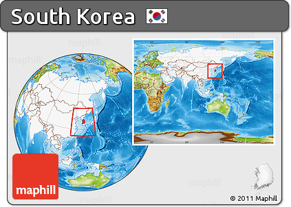 Physical Location Map of South Korea, highlighted continent, within the entire continent