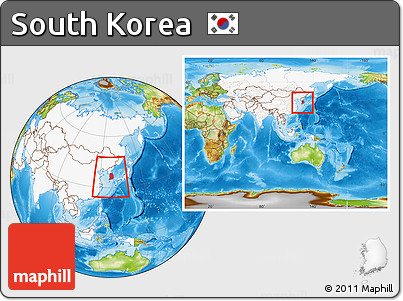 Physical Location Map of South Korea, highlighted continent, within the entire continent
