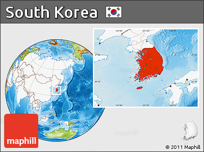 Physical Location Map of South Korea, highlighted continent