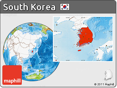 Physical Location Map of South Korea, highlighted continent