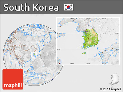Physical Location Map of South Korea, lighten, desaturated