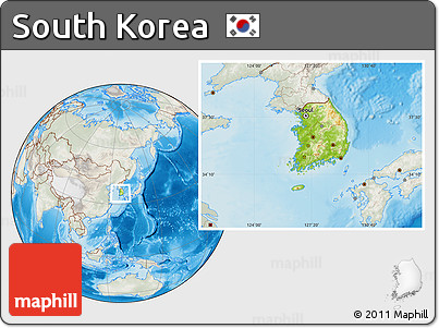 Physical Location Map of South Korea, lighten, semi-desaturated, land only
