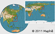 Satellite Location Map of South Korea, within the entire continent