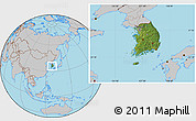 Satellite Location Map of South Korea, gray outside