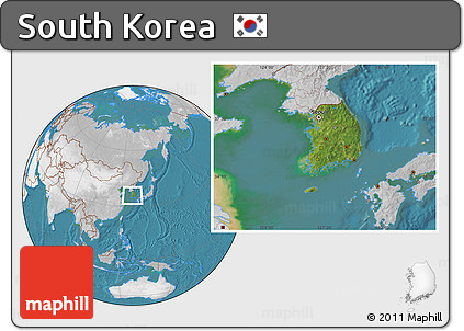 Satellite Location Map of South Korea, lighten, desaturated, land only