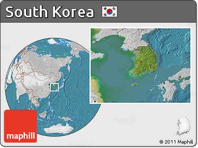 Satellite Location Map of South Korea, lighten, desaturated, land only