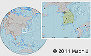 Savanna Style Location Map of South Korea, gray outside, hill shading