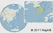 Savanna Style Location Map of South Korea, lighten, land only, hill shading