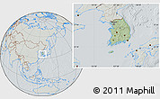 Savanna Style Location Map of South Korea, lighten, semi-desaturated, hill shading