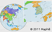 Savanna Style Location Map of South Korea, political outside, hill shading