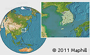 Savanna Style Location Map of South Korea, satellite outside, hill shading