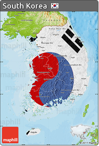Flag Map of South Korea, physical outside, bathymetry sea, flag aligned to the middle