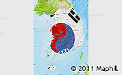 Flag Map of South Korea, physical outside, bathymetry sea, flag aligned to the middle