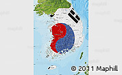 Flag Map of South Korea, satellite outside, bathymetry sea, flag aligned to the middle