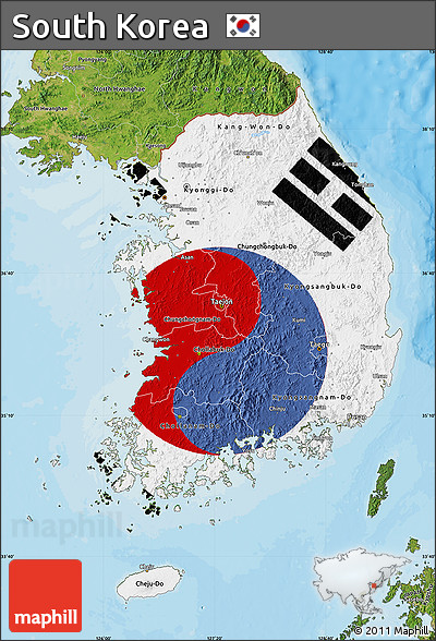 Flag Map of South Korea, satellite outside, bathymetry sea, flag rotated