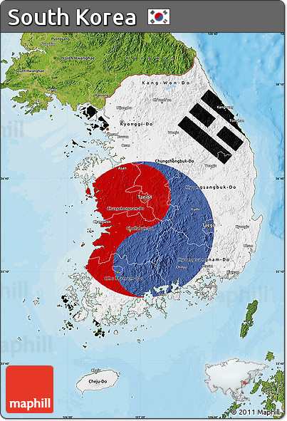 Flag Map of South Korea, satellite outside, bathymetry sea, flag rotated