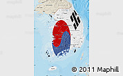 Flag Map of South Korea, shaded relief outside, bathymetry sea