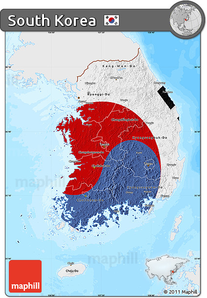 Flag Map of South Korea, single color outside, bathymetry sea, flag centered