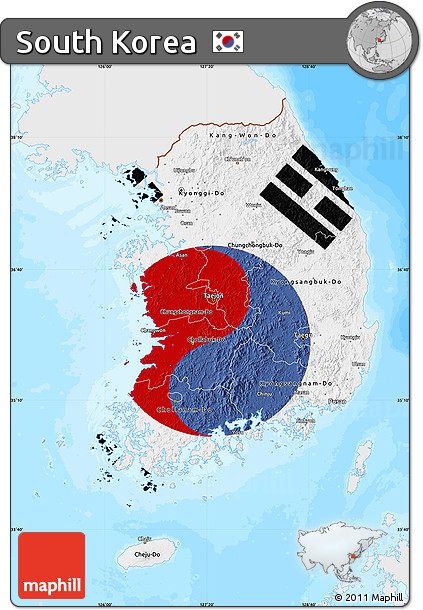 Flag Map of South Korea, single color outside, bathymetry sea, flag rotated