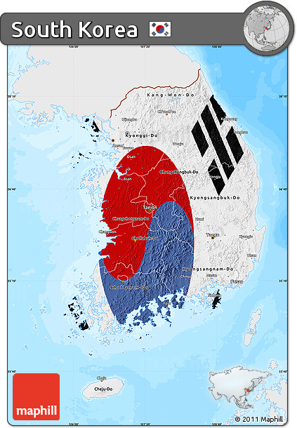 Flag Map of South Korea, single color outside, bathymetry sea