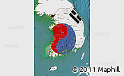 Flag Map of South Korea, single color outside, satellite sea, flag aligned to the middle