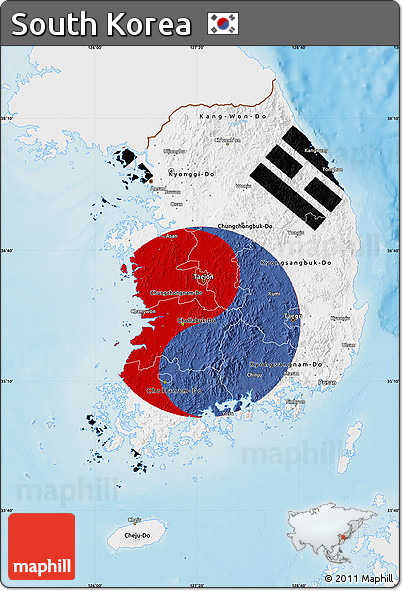 Flag Map of South Korea, single color outside, shaded relief sea, flag rotated