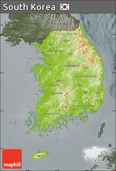 Physical Map of South Korea, darken, semi-desaturated