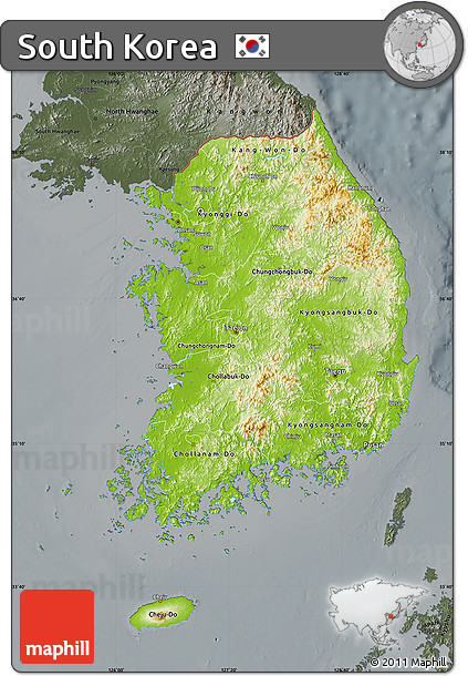 Physical Map of South Korea, darken, semi-desaturated