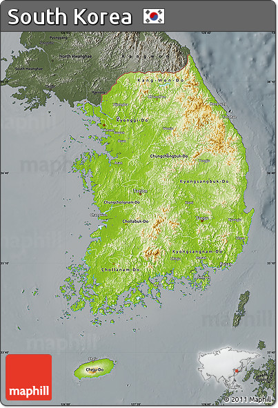 Physical Map of South Korea, darken, semi-desaturated