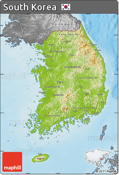 Physical Map of South Korea, desaturated, land only