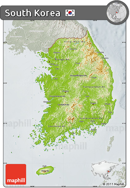 Physical Map of South Korea, lighten, semi-desaturated