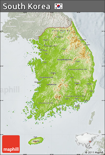 Physical Map of South Korea, lighten, semi-desaturated
