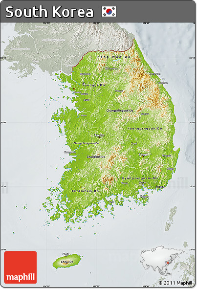 Physical Map of South Korea, lighten, semi-desaturated