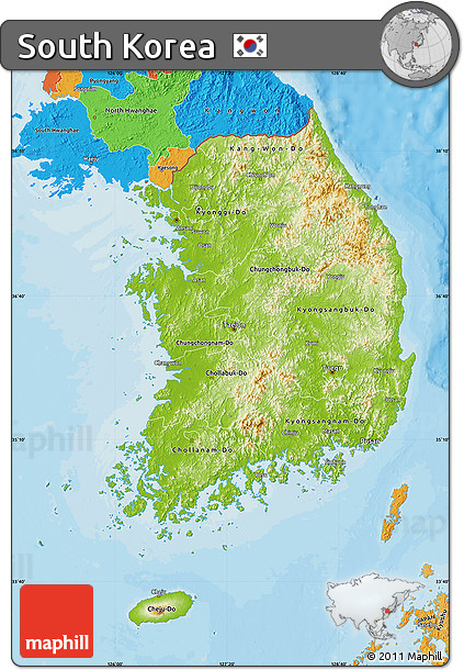 Physical Map of South Korea, political outside
