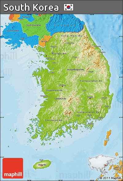 Physical Map of South Korea, political outside