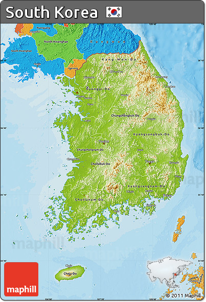 Physical Map of South Korea, political outside