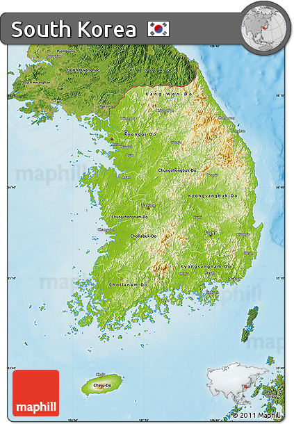 Physical Map of South Korea, satellite outside, shaded relief sea
