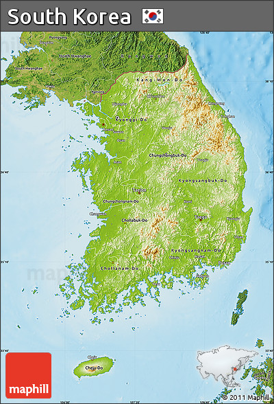 Physical Map of South Korea, satellite outside, shaded relief sea