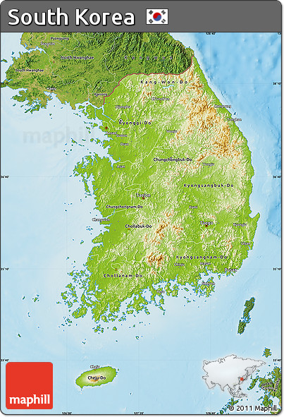 Physical Map of South Korea, satellite outside, shaded relief sea