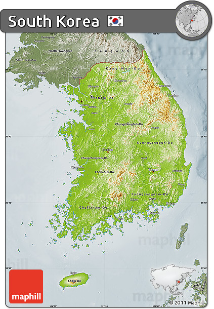 Physical Map of South Korea, semi-desaturated