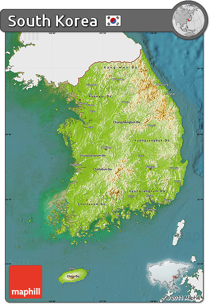 Physical Map of South Korea, single color outside, satellite sea