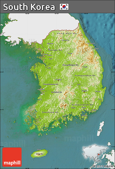 Physical Map of South Korea, single color outside, satellite sea