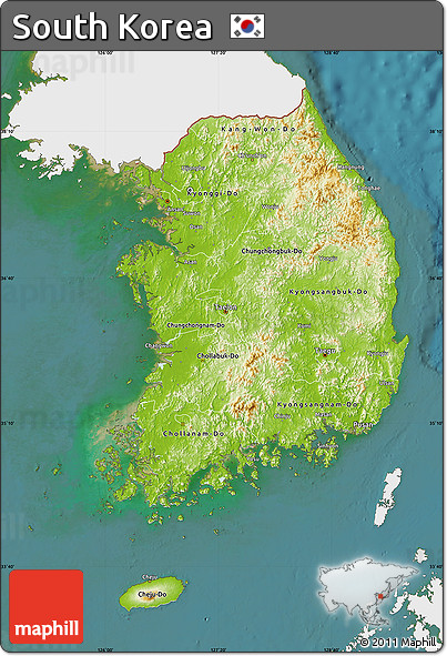 Physical Map of South Korea, single color outside, satellite sea